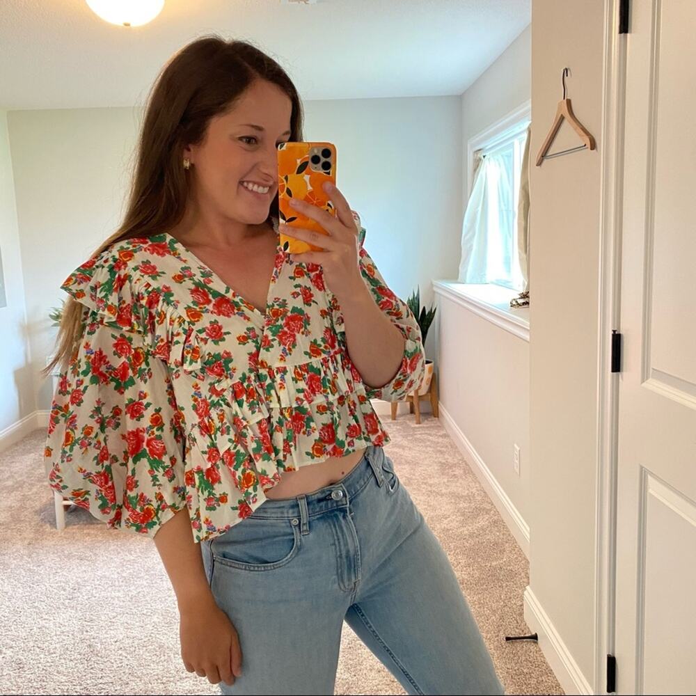 Rhode Resort White Pink Red Floral Dazzle Elodie Crop Blouse Top Medium M - Picture 2 of 15